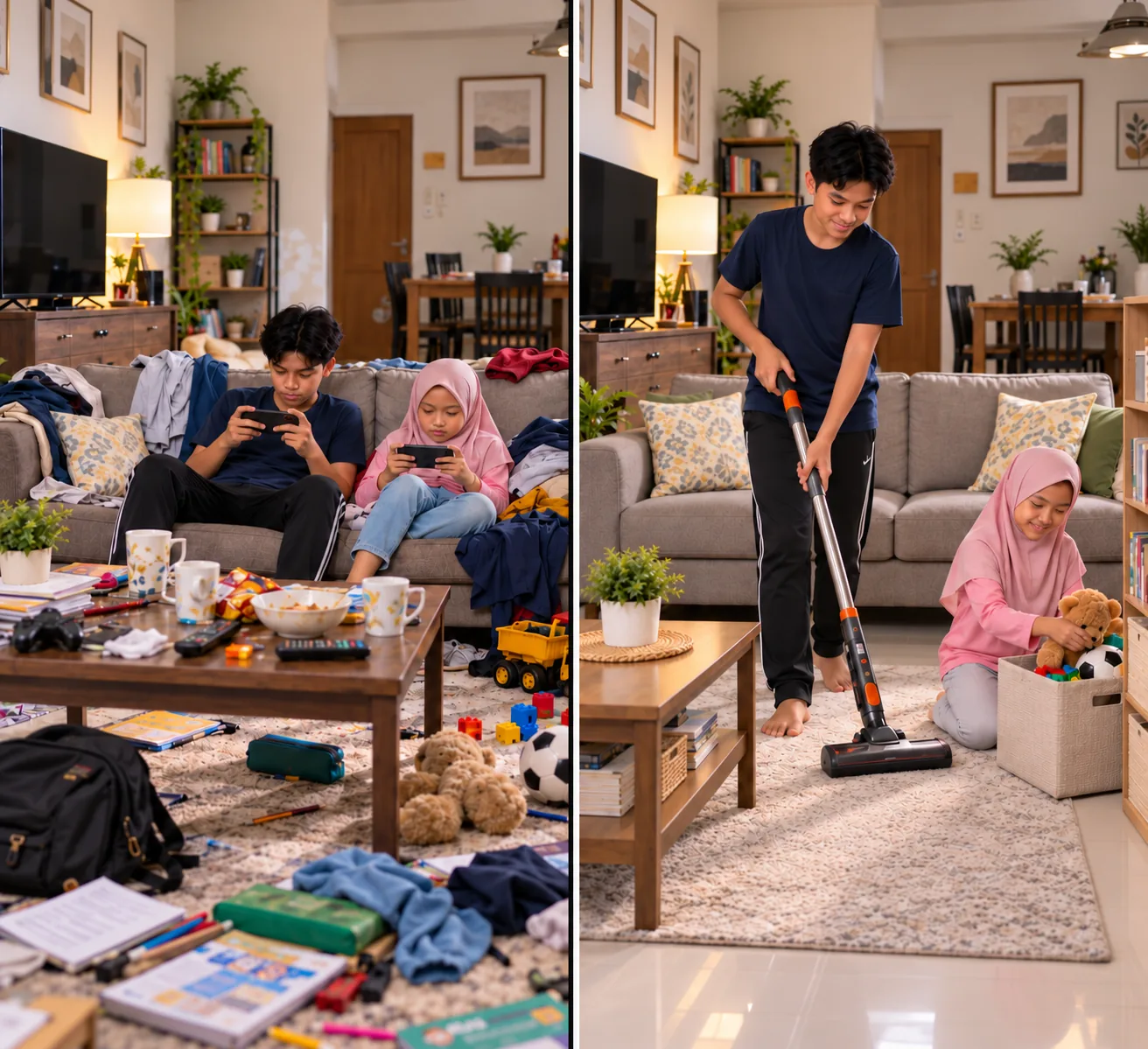 Perubahan sebelum dan selepas: anak leka dengan gajet dan rumah bersepah bertukar menjadi rajin membantu mengemas rumah
