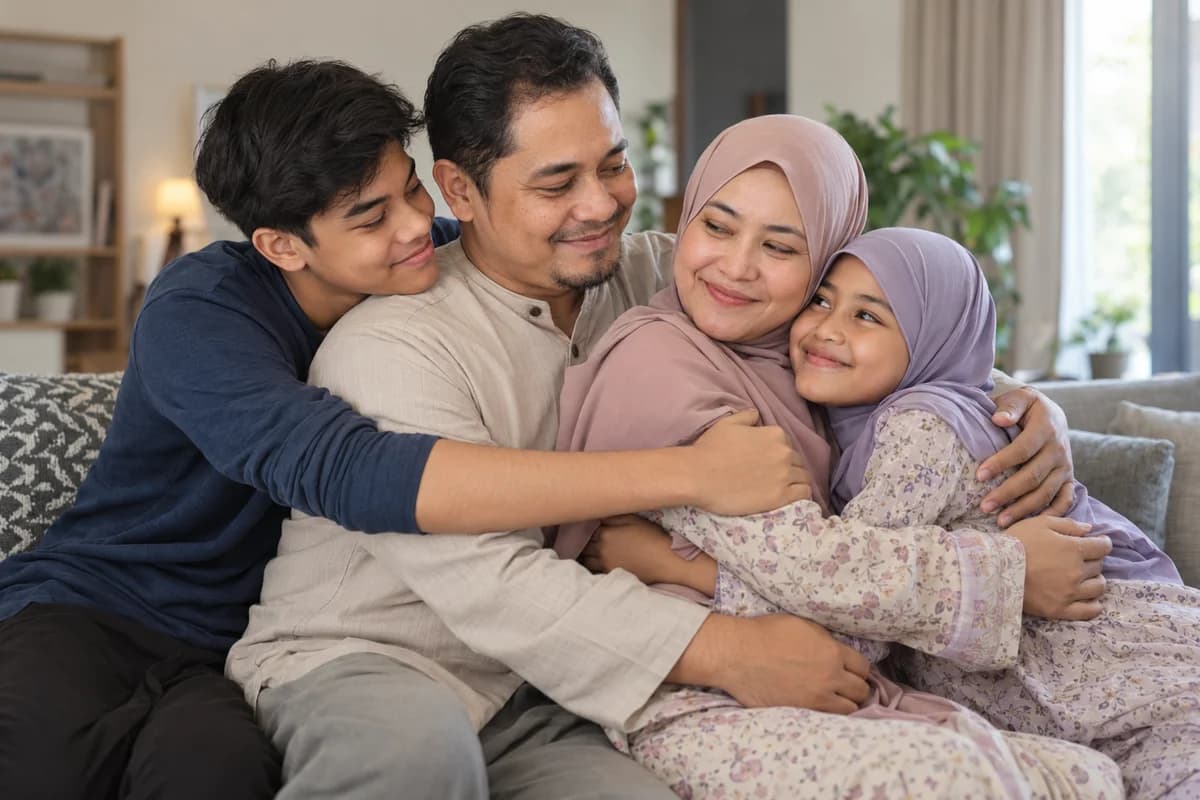 Keluarga harmoni saling berpeluk penuh kasih sayang di ruang tamu
