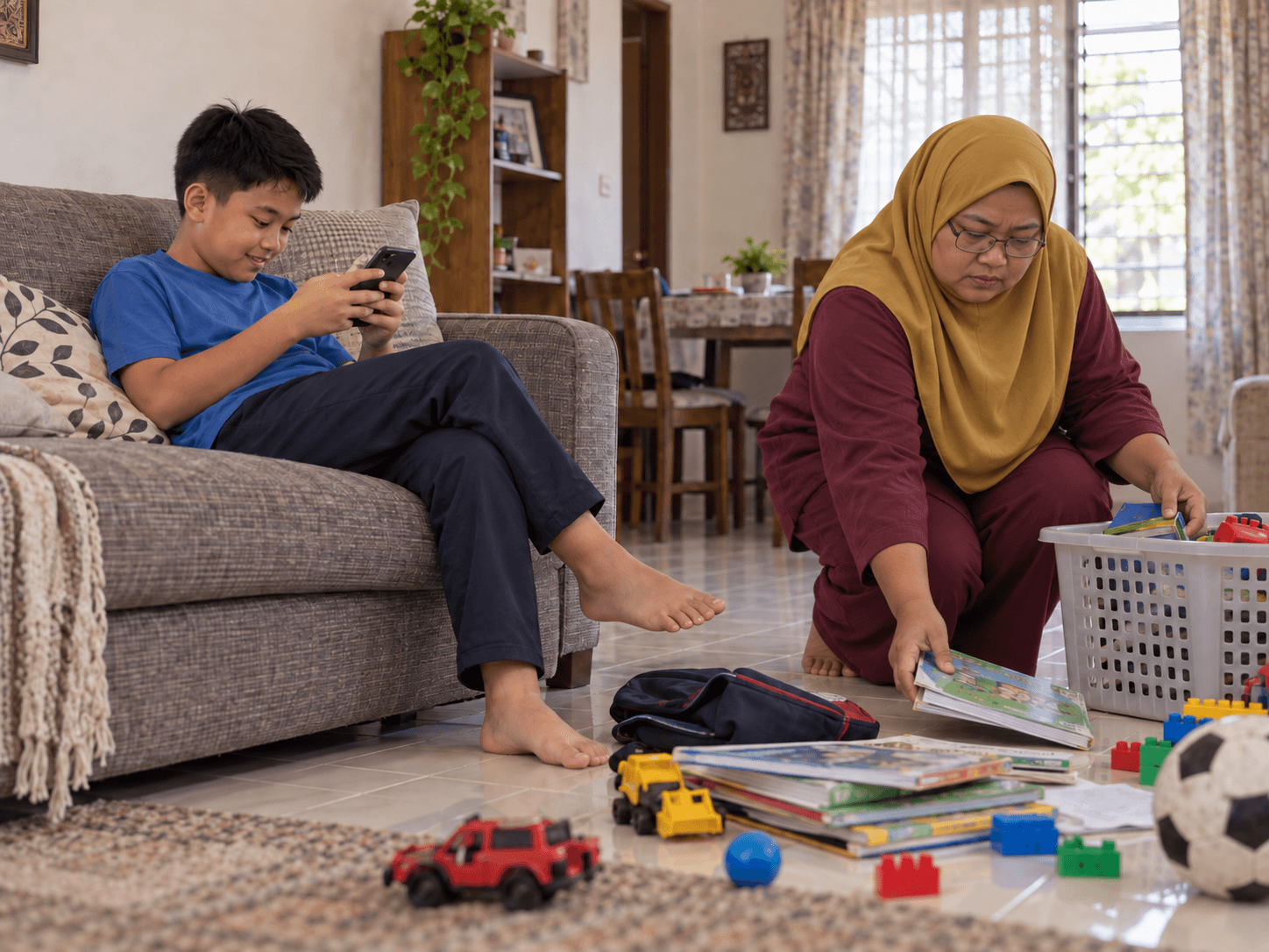 Anak leka bermain telefon di sofa sementara mak mengemas ruang tamu
