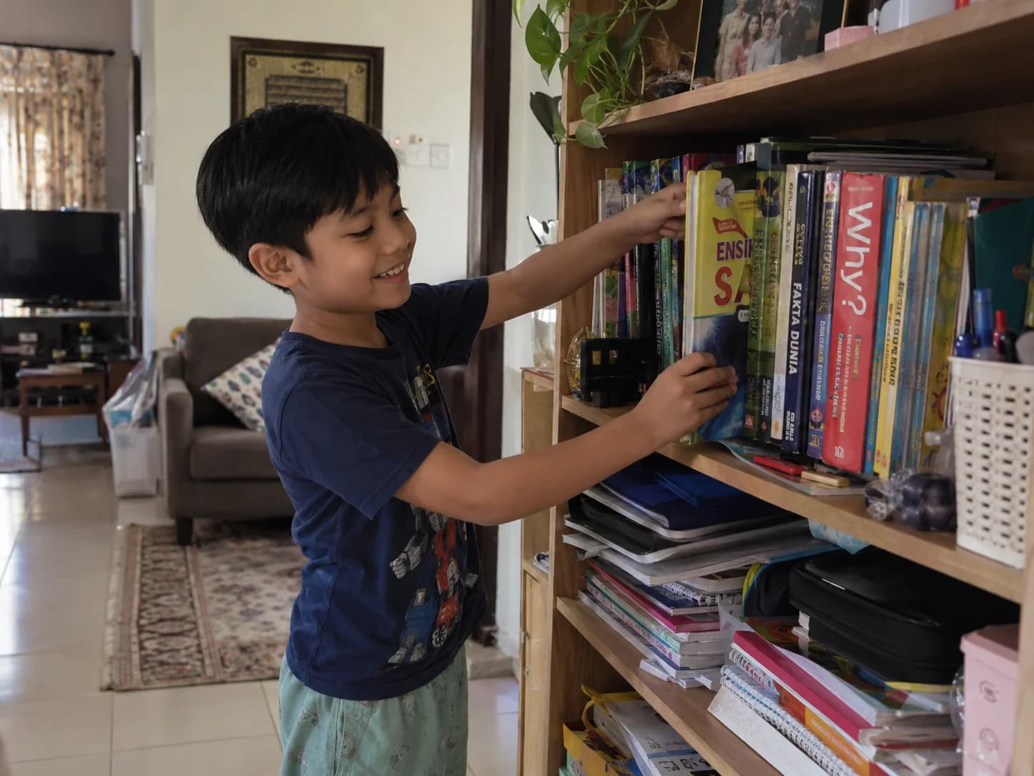 Anak kecil tersenyum menyusun buku-buku di rak dengan kemas di rumah