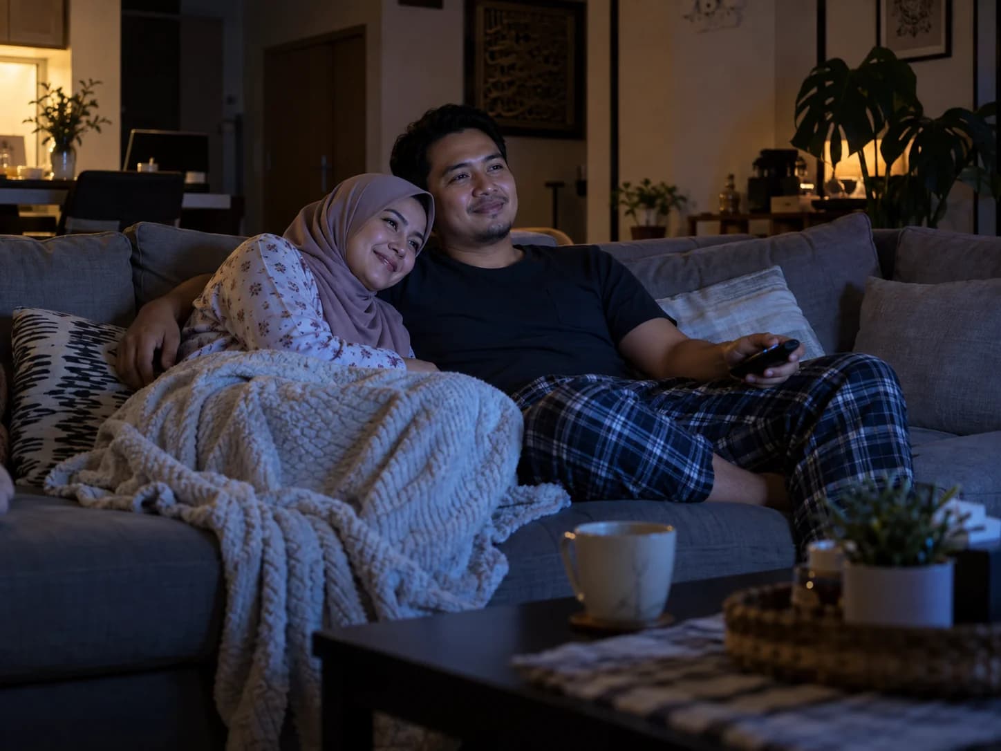 Pasangan suami isteri berehat tenang di sofa ruang tamu pada waktu malam tanpa stres