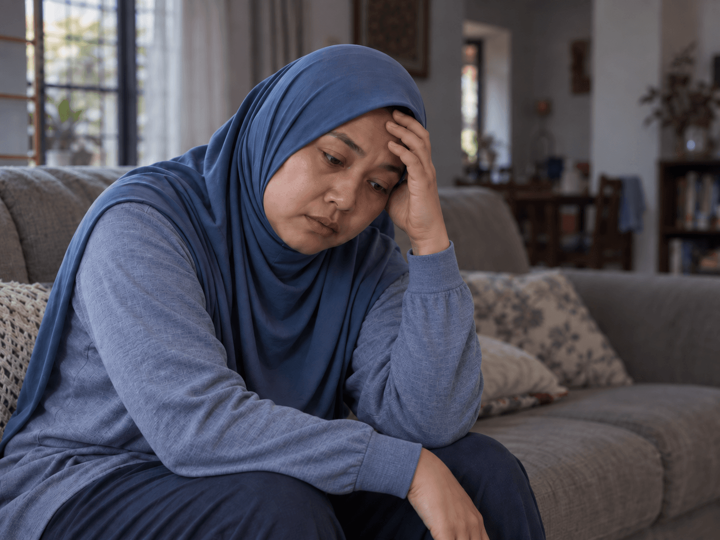 Ibu bertudung dan berbaju lengan panjang duduk sendirian di sofa, tangan di dahi dengan riak wajah kecewa dan penat memikirkan sikap anak