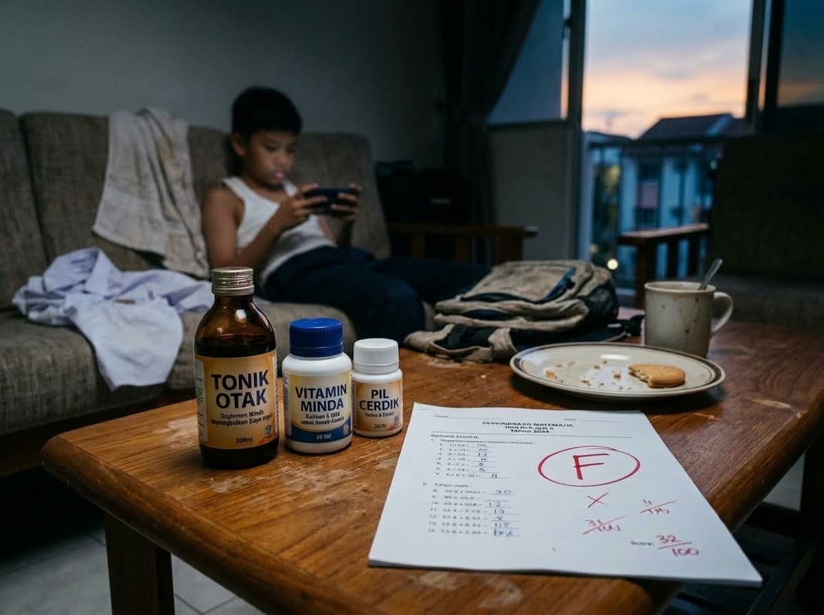Tiga botol suplemen Tonik Otak, Vitamin Minda dan Pil Cerdik di sebelah kertas peperiksaan matematik gred F bertinta merah dengan anak leka bermain telefon di sofa